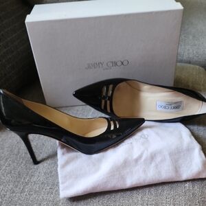 Jimmy Choo Black Patent Leather Cutout Pointed Toe Pumps Heels